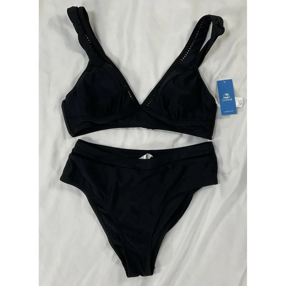 Cupshe Black 2-piece Women's Swimsuit SZ M With Mesh Trim NWT Summer 433